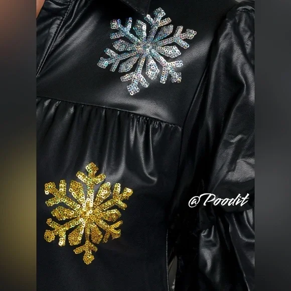 PEACH LOVE CALIFORNIA pleather black sequin snowflake holiday mini dress S M L - Picture 5 of 13